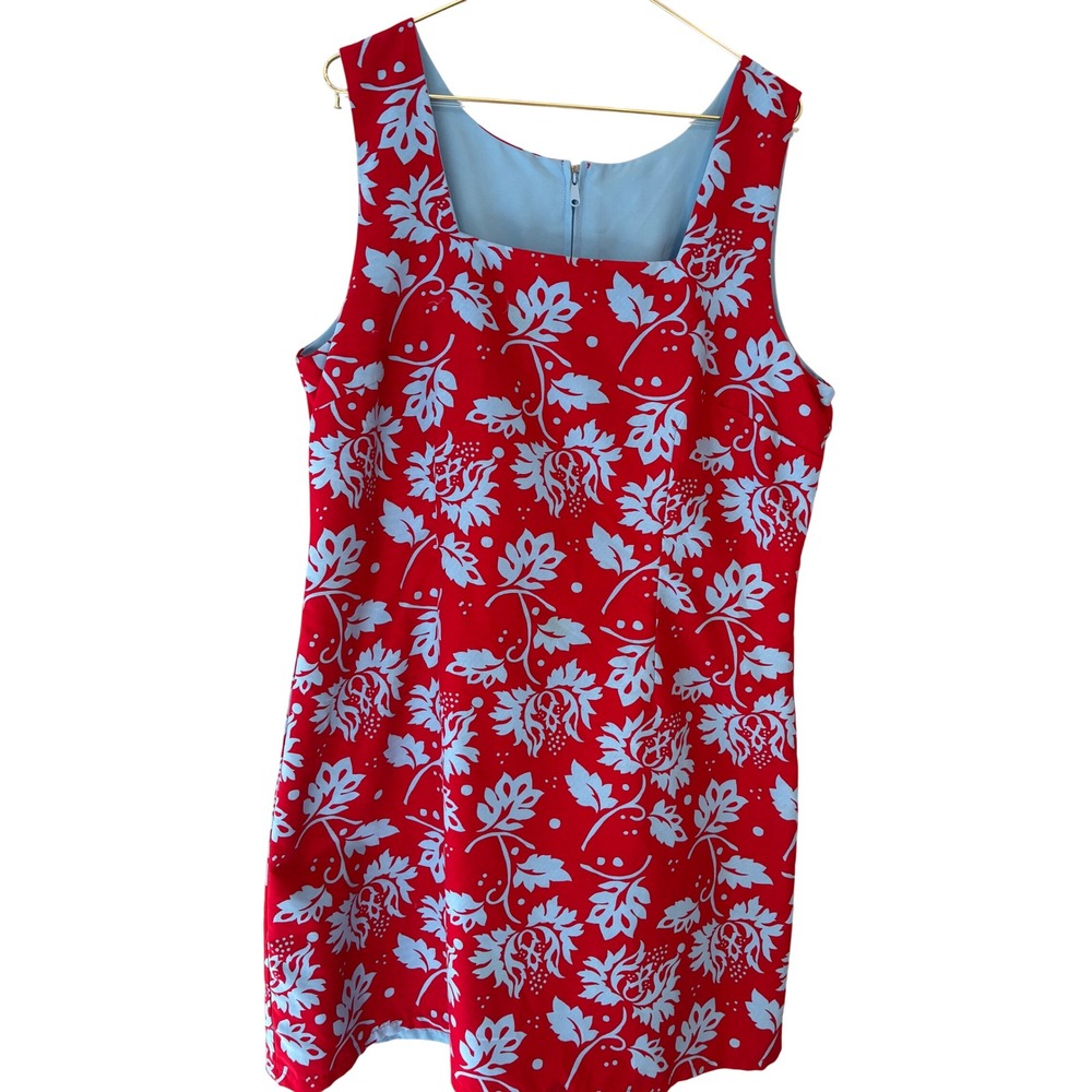 Vintage Red Light Blue Floral Leaf Print Sleeveless Shift Dress XL Square Neck